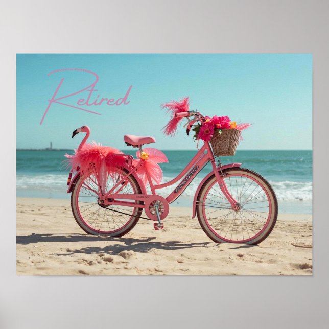 Retired Cute Pink Flamingo Bicycle on Beach Poster (Front)