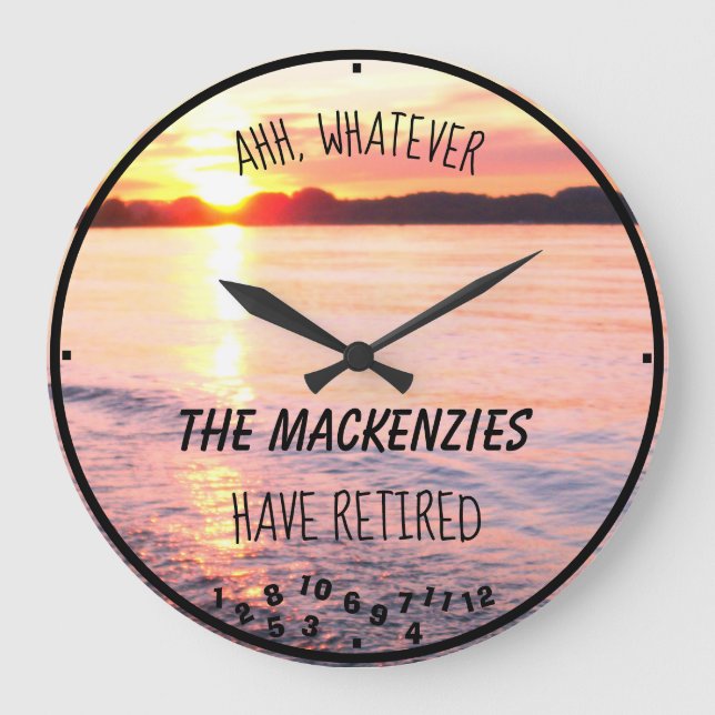 Retired Family Beach Beautiful Sunset Name Funny Large Clock (Front)