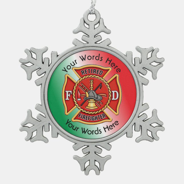 Retired Firefighter Maltese Cross Snowflake Pewter Christmas Ornament (Front)