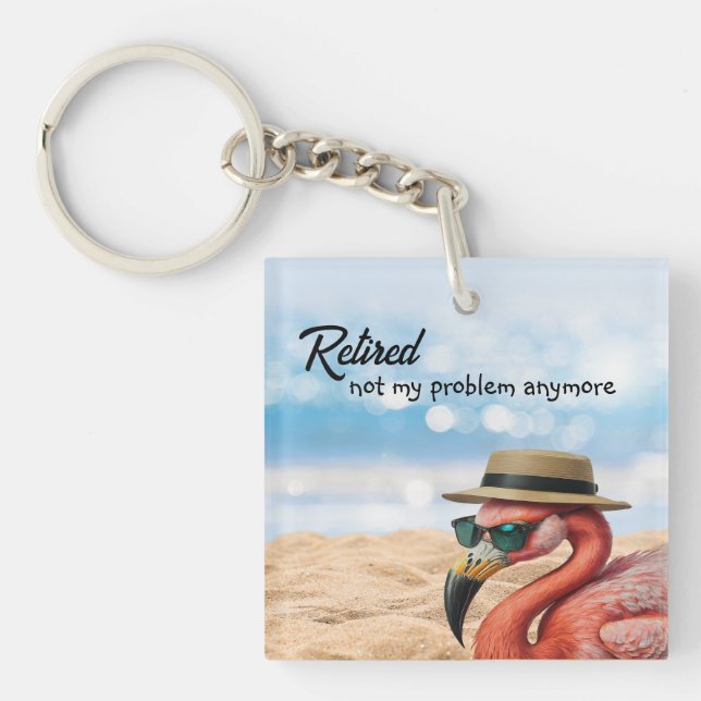 Retired Flamingo on Beach with Hat & Sunglasses Key Ring (Front)