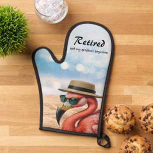 Retired Flamingo on Beach with Hat & Sunglasses Oven Mitt