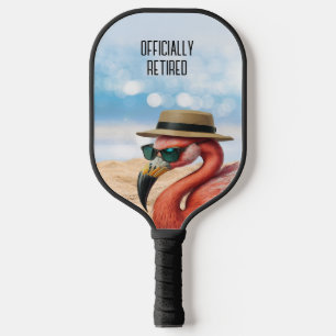 Retired Flamingo on Beach with Hat & Sunglasses Pickleball Paddle