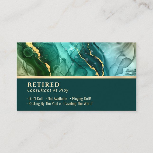 Retired, Gold & Teal Liquid Ink Gag Business Card (Front)