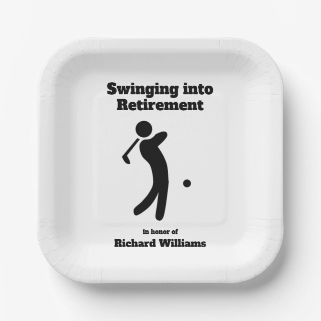 Retired Golf Player Swinging into Retirement moder Paper Plate (Front)