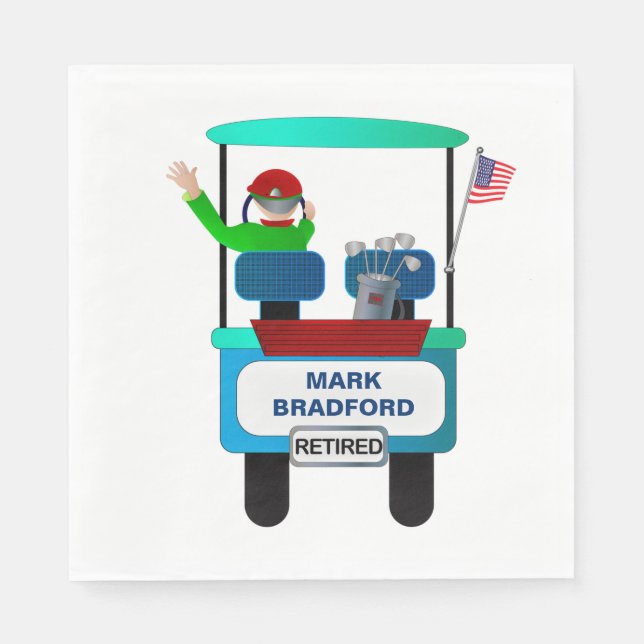 Retired Golfer Riding in Golf Cart Waving Goodbye Napkin (Front)
