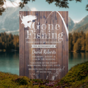 Retired Gone Fishing Rustic Wood Retirement Invitation