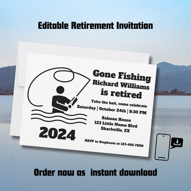 Retired Gone Fishing Standing Fisherman Retirement Invitation (Creator Uploaded)