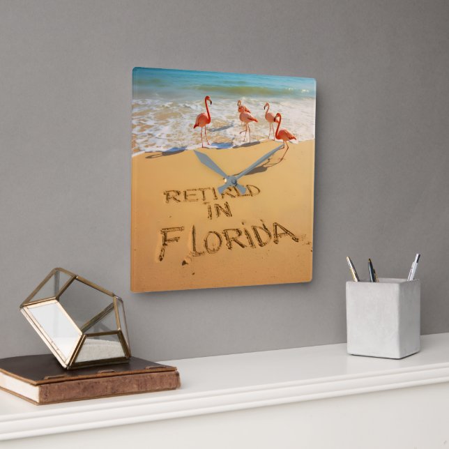 Retired in Florida Flamingos on Tropical Beach Square Wall Clock (Office)