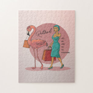 Retired It's My Job To Go Shopping Pink Flamingo Jigsaw Puzzle