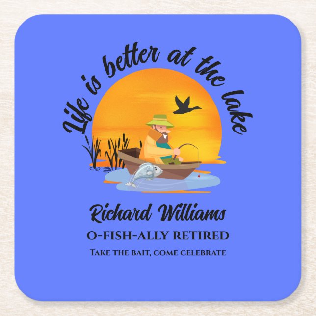 Retired Life Is Better At the Lake Fishing Cartoon Square Paper Coaster (Front)