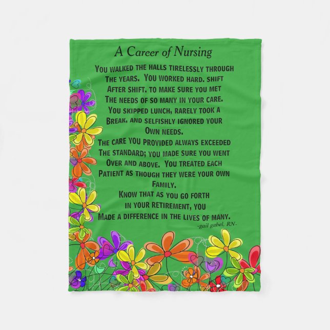Retired Nurse Poem Fleece Blanket Green (Front)