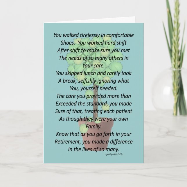 Retired Nurse Poem Greeting Card by Gail Gabel RN (Front)