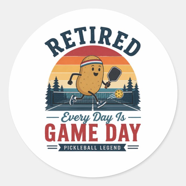 Retired Pickleball Legend Funny Potato Player Vint Classic Round Sticker (Front)