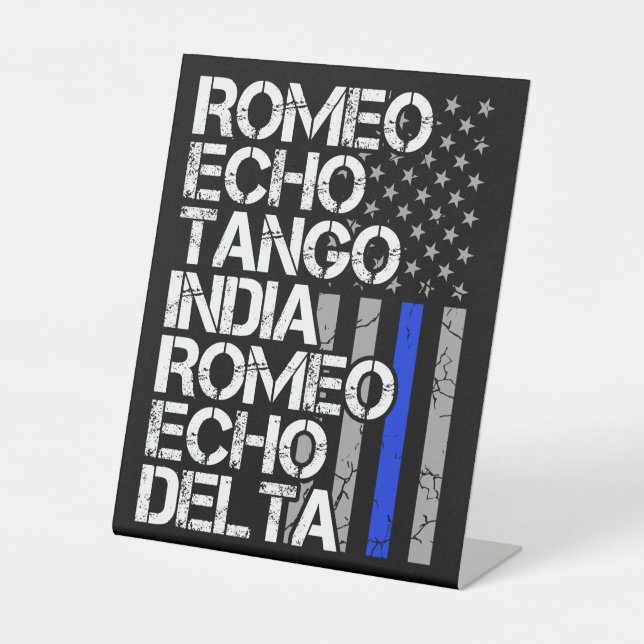 Retired Police Phonetic Code Thin Blue Line Pedestal Sign (Front)