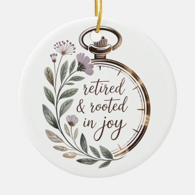 Retired & Rooted in Joy Personalized Name Year Ceramic Tree Decoration (Front)