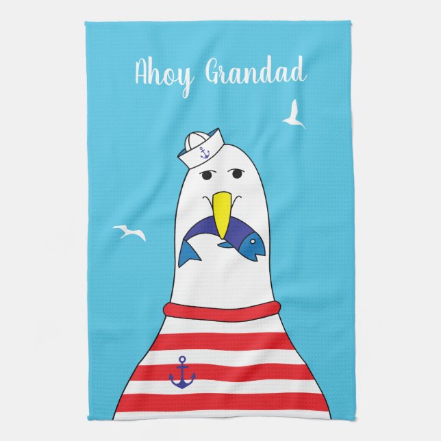 Retired Sailor Ex Mariner Seagull Character Tea Towel (Vertical)