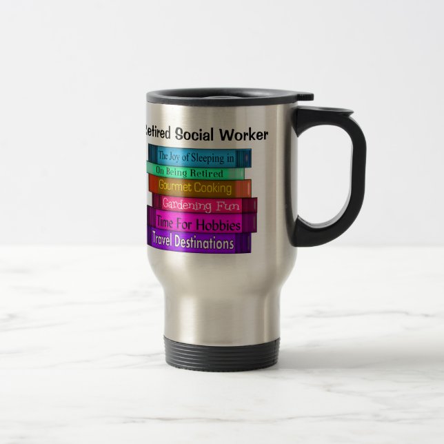 Retired Social Worker Gifts Stack of Books Design Travel Mug (Right)