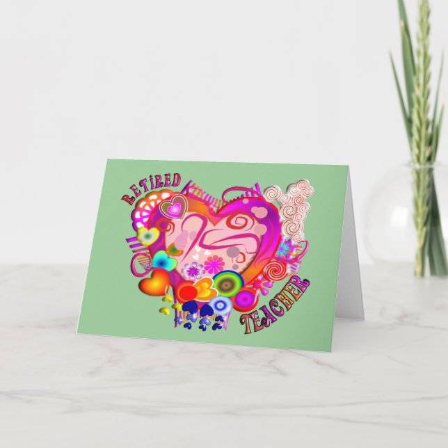 Retired Teacher Artsy Retro Heart Card (Front)