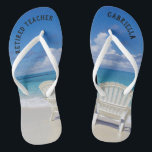 Retired Teacher Beach With Chairs In Sand Jandals<br><div class="desc">The perfect gift for retiring teacher!  Just in time to wear flip flops to the beach everyday.  There's a calm beach scene with the ocean and two chairs in the sand. They have "Retired teacher" on them.  On the right flip flop personalise with your name.</div>