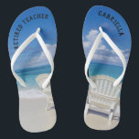 Retired Teacher Beach With Chairs In Sand Jandals<br><div class="desc">The perfect gift for retiring teacher!  Just in time to wear flip flops to the beach everyday.  There's a calm beach scene with the ocean and two chairs in the sand. They have "Retired teacher" on them.  On the right flip flop personalise with your name.</div>