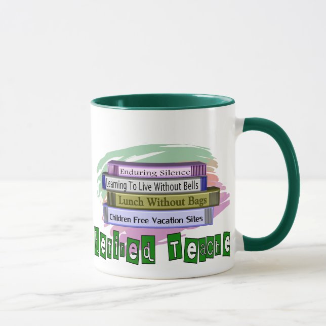 Retired Teacher (Funny Stack of Books Design) Mug (Right)