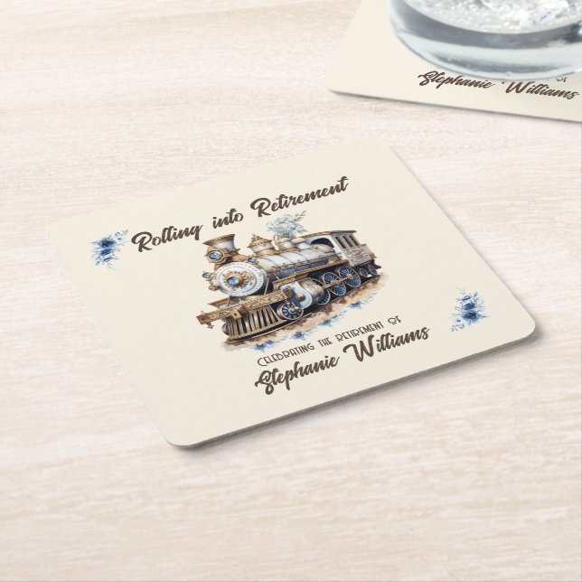 Retired Travel Theme Rolling into Retirement Train Square Paper Coaster (Angled)