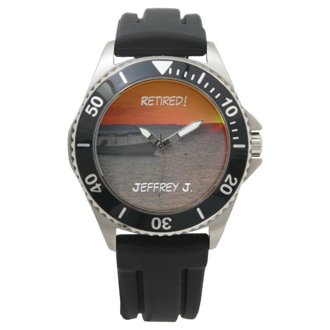 Retired! Wrist Watch Fishing Boat, Black Strap (Front)