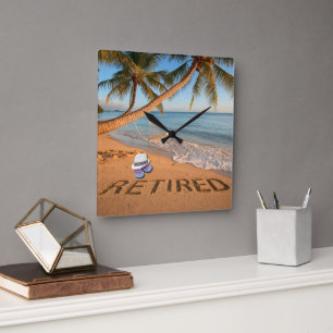 Retired Written in Sand Tropical Florida Beach Square Wall Clock