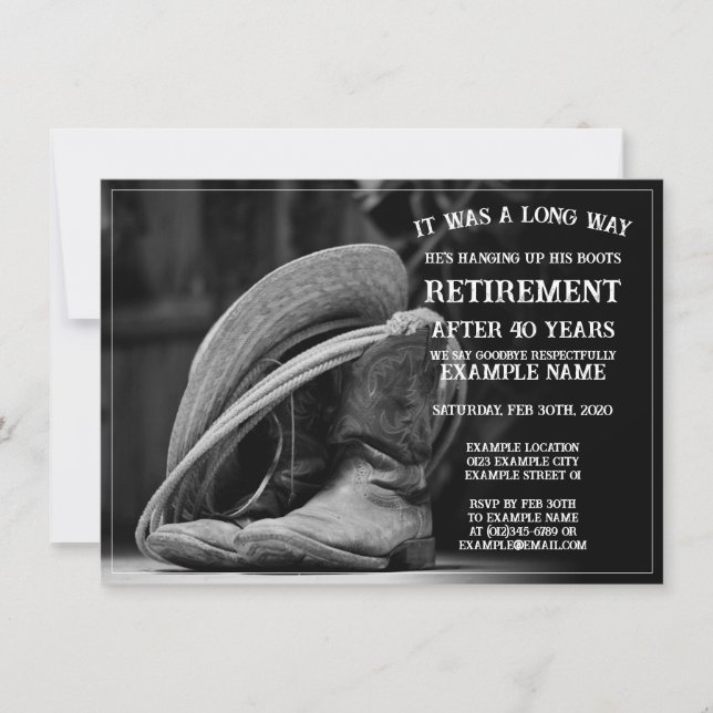 Retirement announcement with cowboy hat and boots (Front)