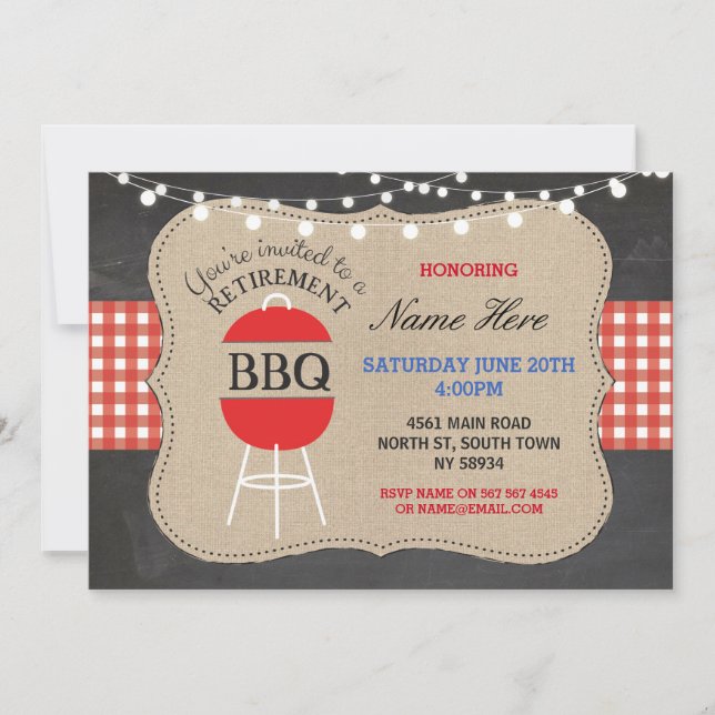 Retirement BBQ Check Chalk Burlap Red Invitation (Front)