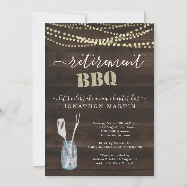 Retirement BBQ Party Invitation - Rustic Wood (Front)