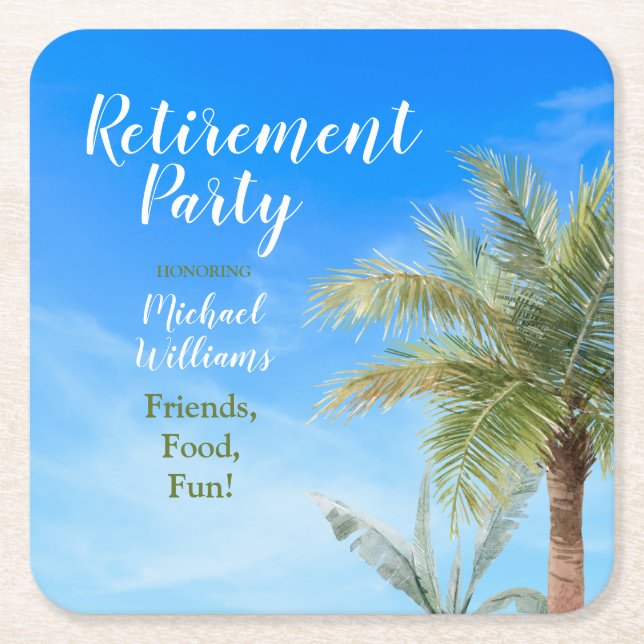Retirement Beach Theme Party Friends Food Fun Square Paper Coaster (Front)