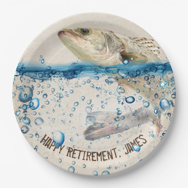 retirement big fish jumping out of water paper plate (Front)