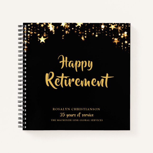 Retirement Black Gold Stars Years of Service Name Notebook (Front)