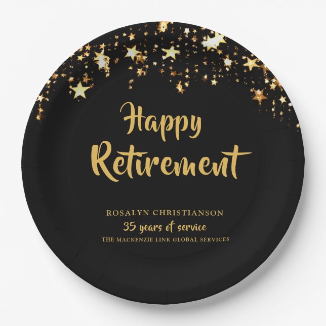 Retirement Black Gold Stars Years of Service Name Paper Plate (Front)