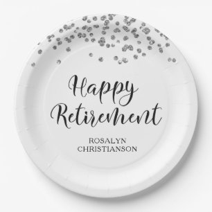 Retirement Black Silver Confetti Script Name Paper Plate