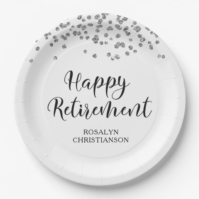 Retirement Black Silver Confetti Script Name Paper Plate (Front)