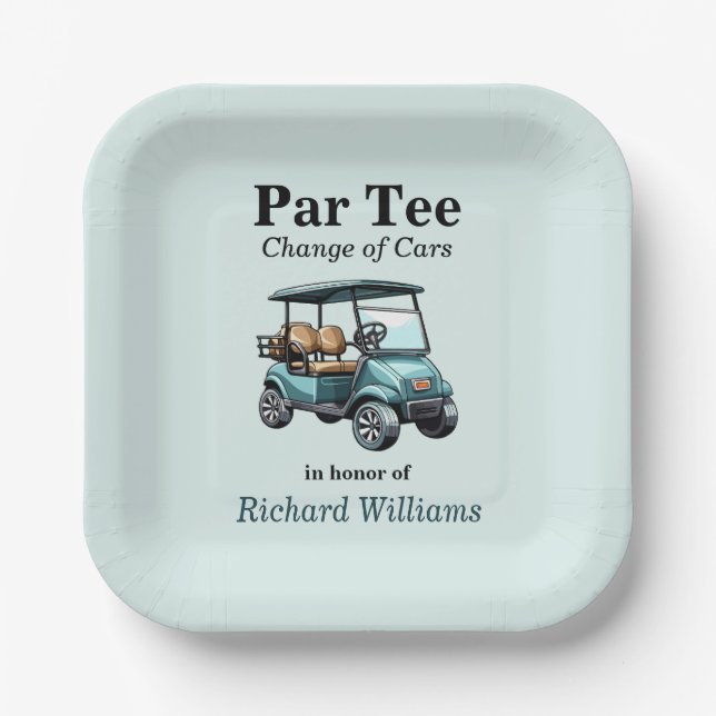 Retirement Blue Golf Cart Par Tee Themed  Paper Plate (Front)