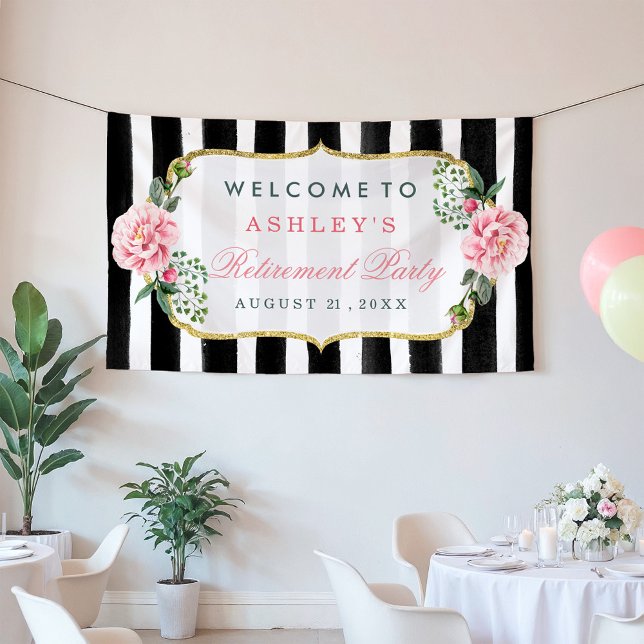 Retirement Celebration Romantic Floral Stripes Banner (Creator Uploaded)