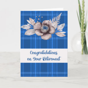 Retirement Congratulations Blue Plaid & Flowers Card