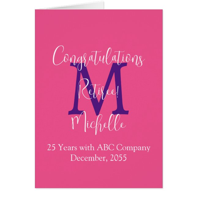 Retirement Congratulations, Pink, Purple Monogram (Front)