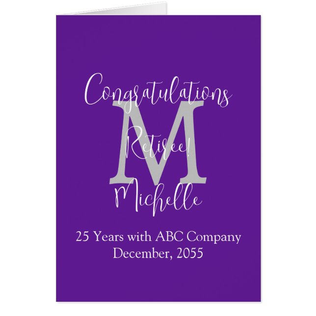 Retirement Congratulations, Purple, Grey Monogram (Front)