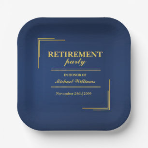 Retirement Corporate Elegant Blue Gold Paper Plate