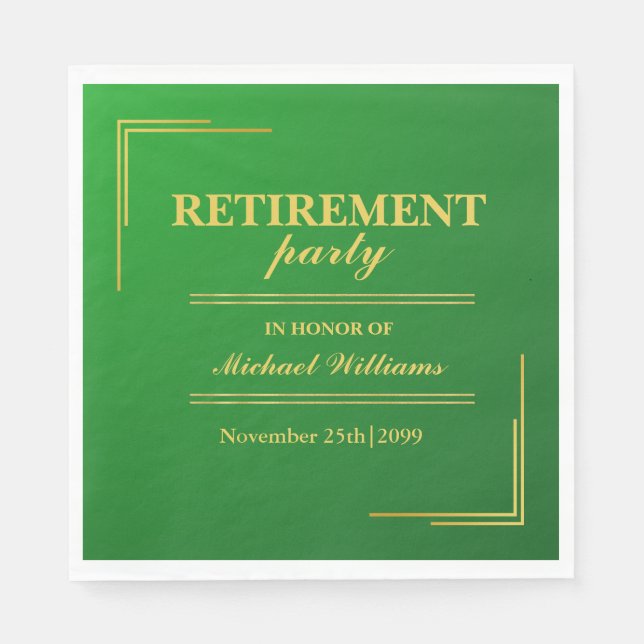 Retirement Corporate Elegant Green Gold Napkin (Front)