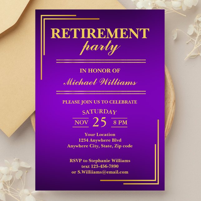 Retirement Corporate Elegant Purple Gold Invitation (Creator Uploaded)