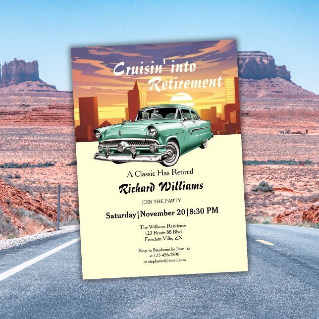 Retirement Cruising Classic Retro Car City Party Invitation (Creator Uploaded)
