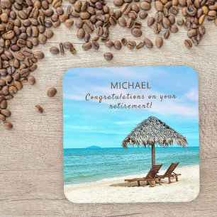 Retirement Custom Text Tropical Beach Themed Square Paper Coaster
