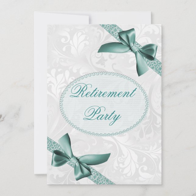 Retirement Damask and Bows Celebration Party Invitation (Front)