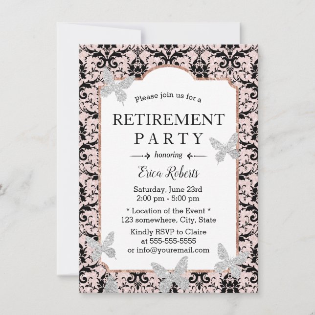 Retirement Damask Blush Pink Glitter Butterfly Invitation (Front)