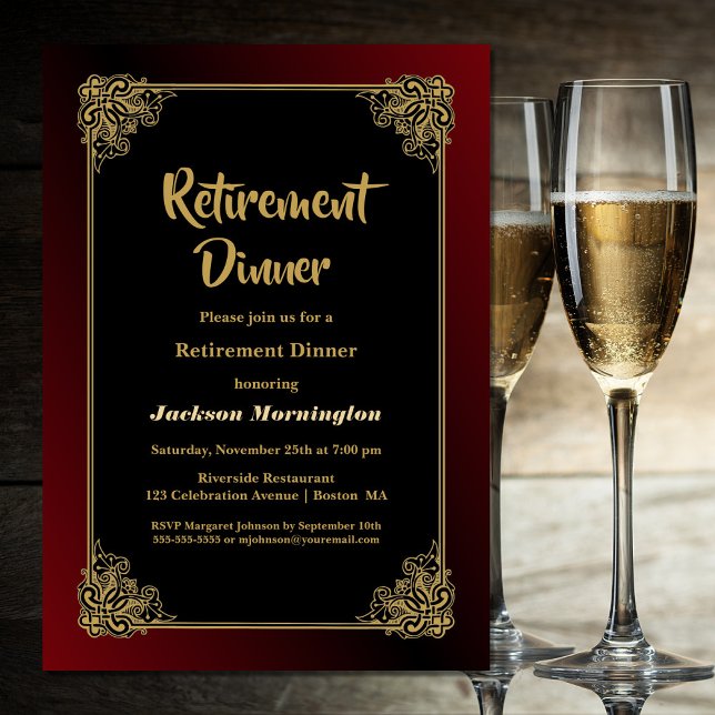 Retirement Dinner Party Black Red Gold Invitation (Creator Uploaded)